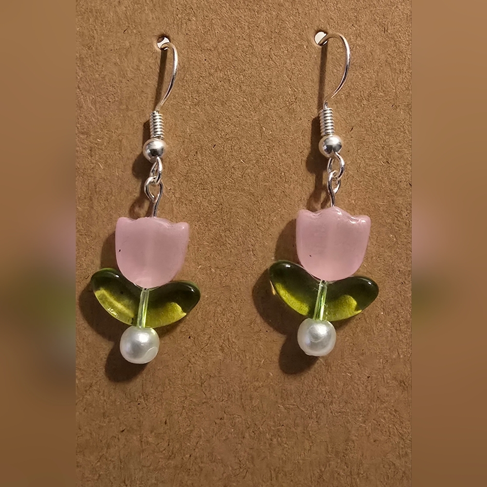 Handmade Pink and Green Floral Earrings